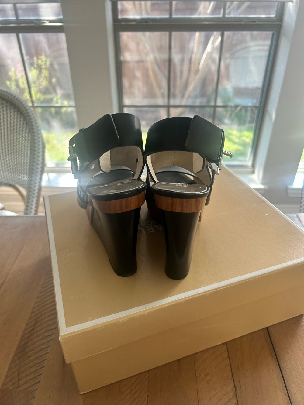 Michael Kors Black Leather Wedge Sandals with Wood-Look Platform - Picture 3 of 7